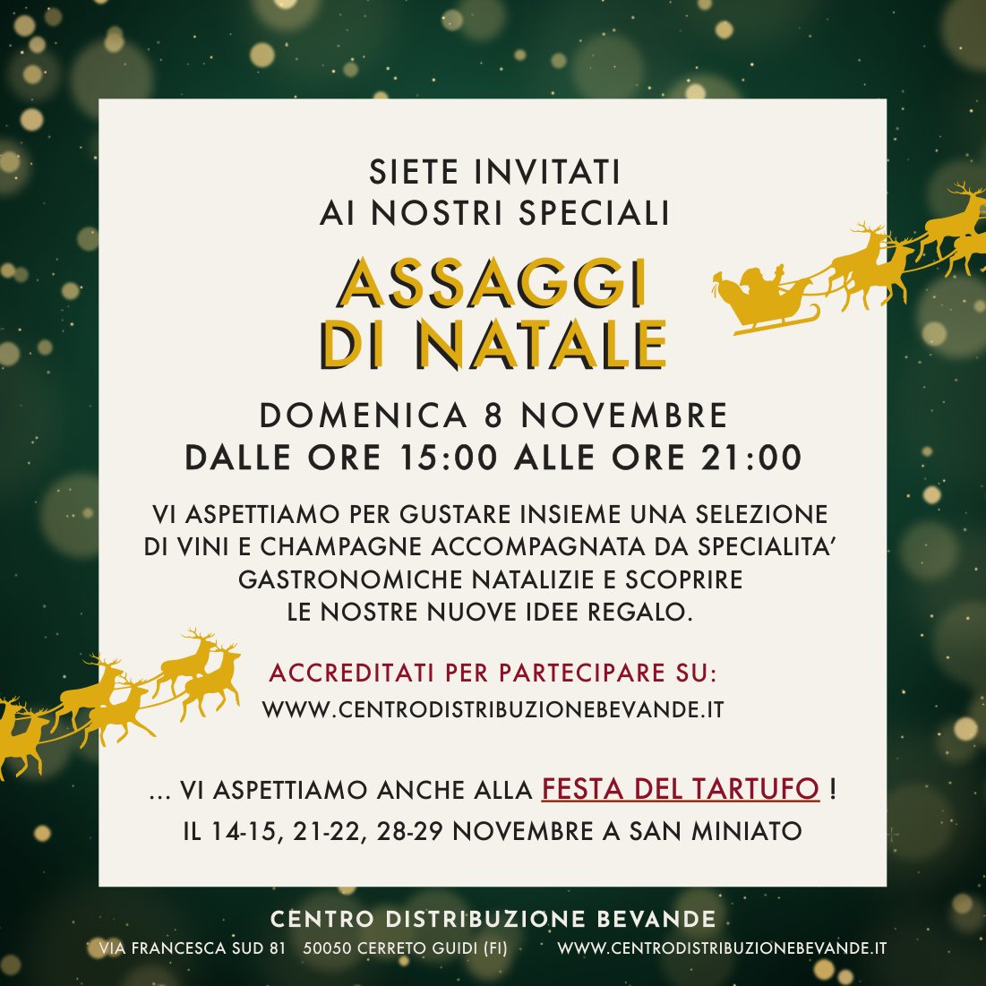 Invito, retro: domenica 8 novembre dalle 15 alle 21, vini, champagne e specialità natalizie